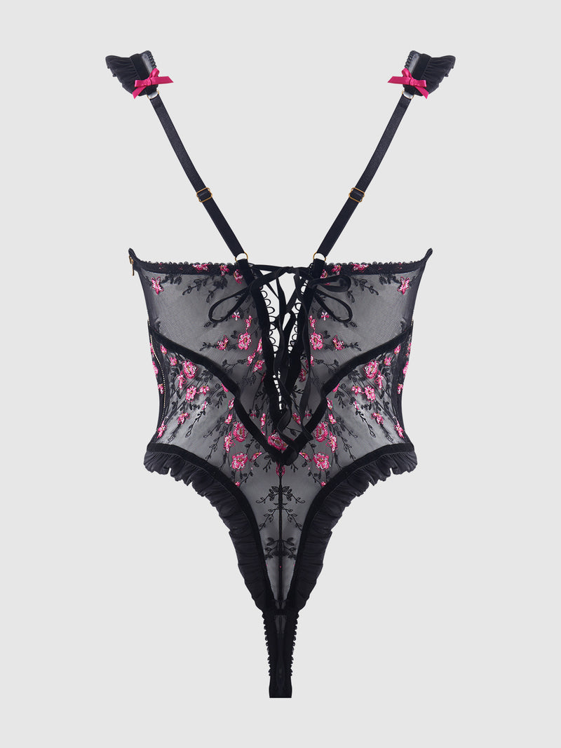 Harlow Embroidered Stretch Mesh Teddy - Frederick's of Hollywood