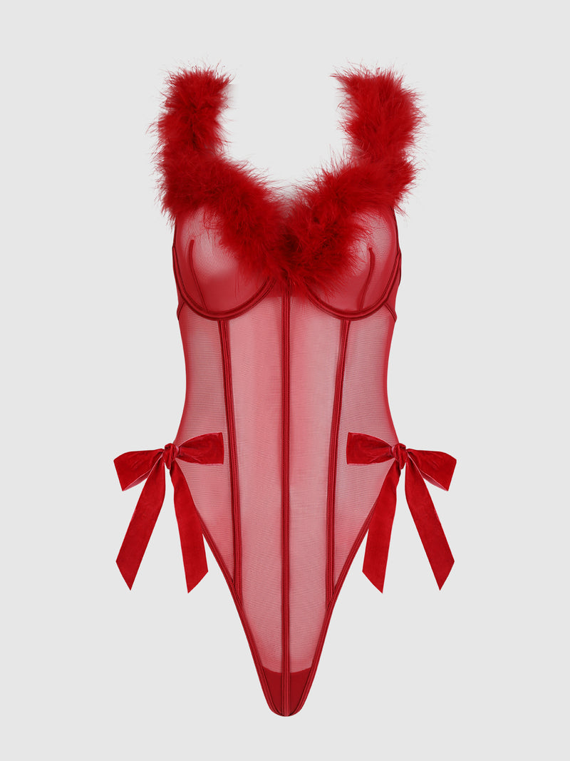 The Scarlett Marabou & Mesh Teddy by Frederick's of Hollywood is a sheer red lingerie bodysuit with underwire cups, mesh details, fluffy feather trim at the neckline, and two red velvet bows on each hip, shown against a white background.
