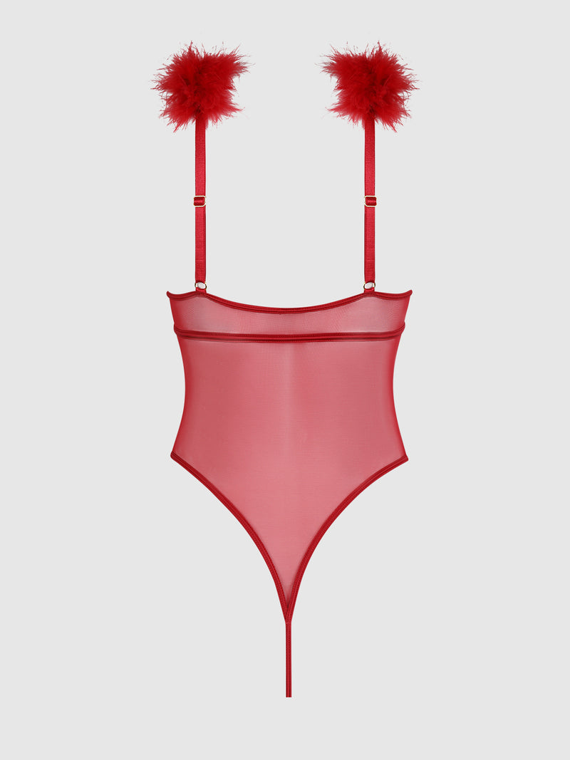 The Scarlett Marabou & Mesh Teddy by Frederick's of Hollywood is a sheer red bodysuit featuring pointed edges, adjustable feather-trimmed straps, delicate mesh accents, and a thin bottom strap, shown on a plain white background.
