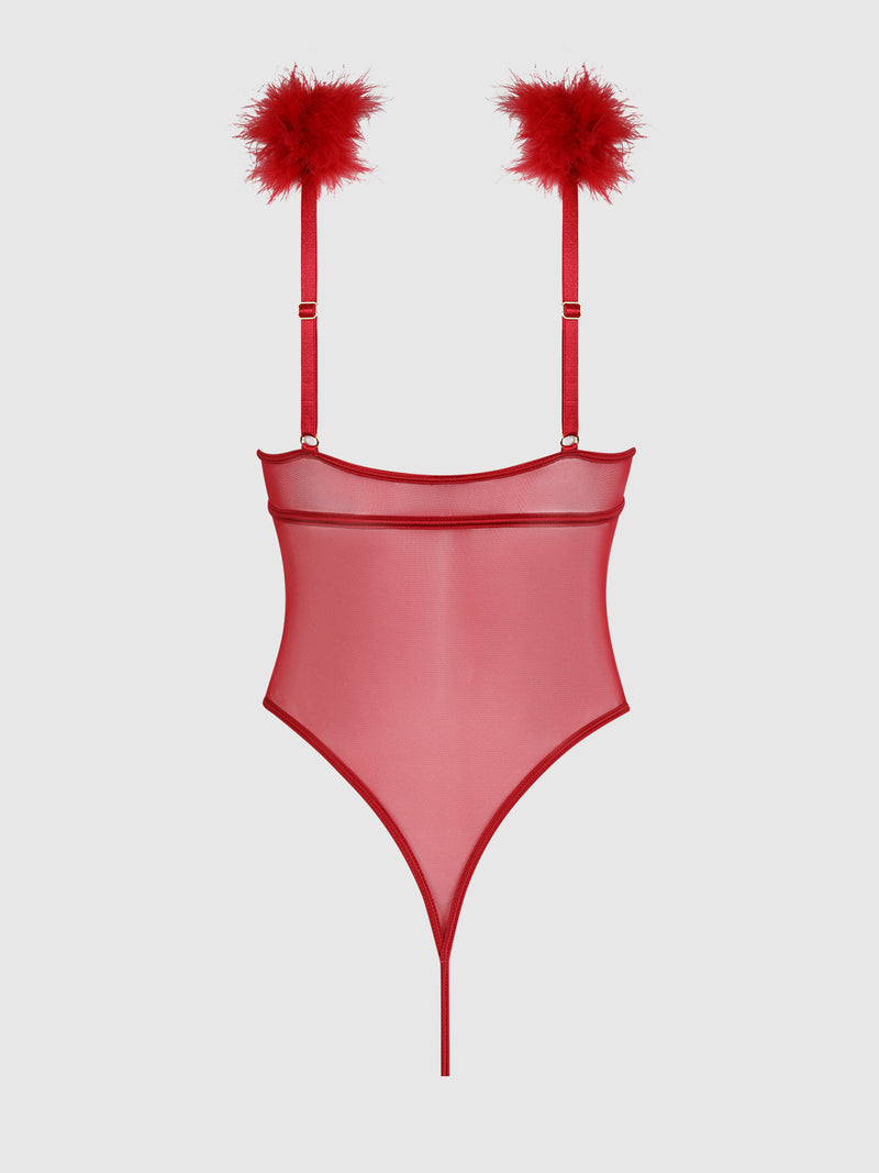 Scarlett Marabou & Mesh Teddy in red, featuring adjustable straps, silky mesh details, and red marabou feather trim at the shoulders.