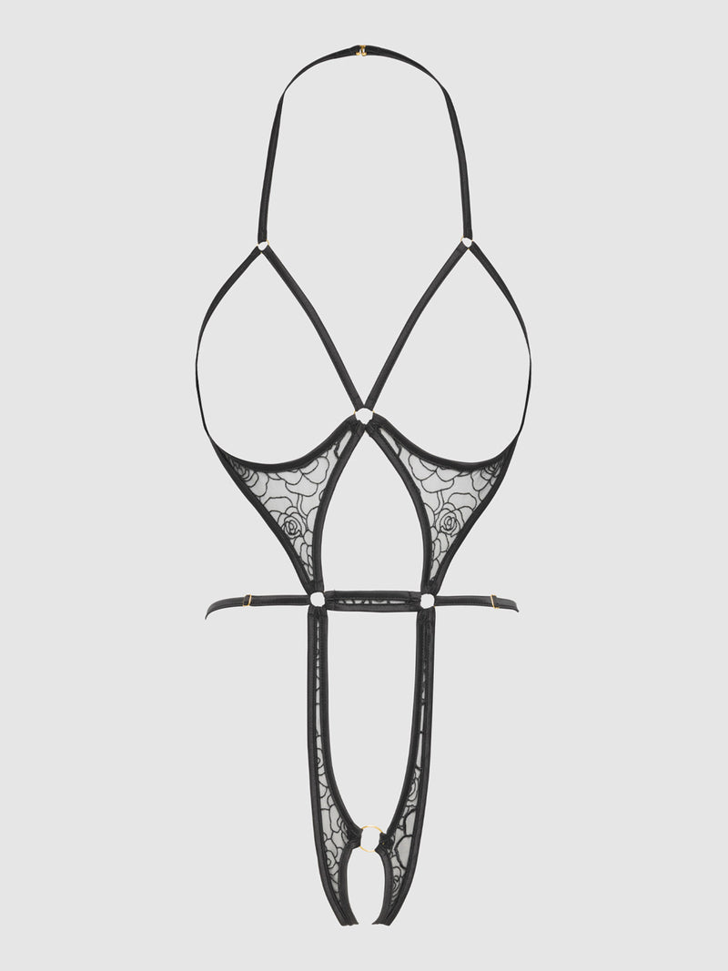Melrose Satin Harness Teddy - Frederick's of Hollywood
