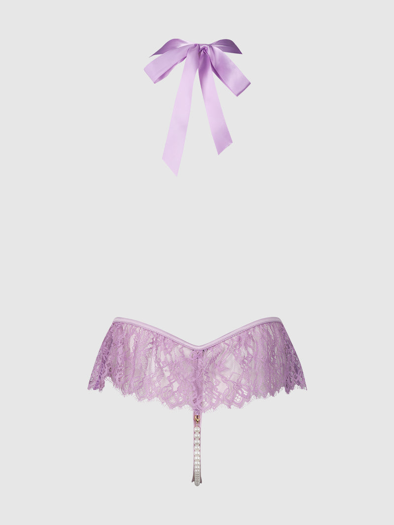 A Frederick’s of Hollywood Rosalind Lace & Pearl Crotchless & Pearl Teddy, featuring delicate lavender lace and pearl accents, is showcased against a plain white background.