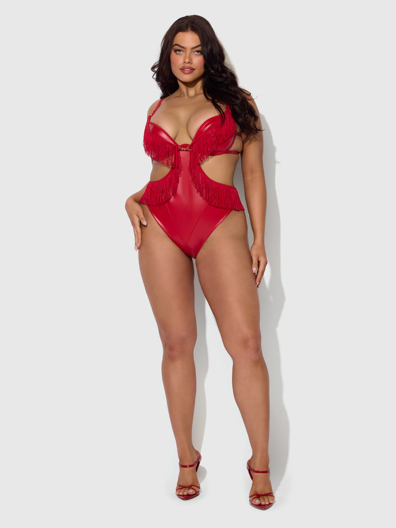 Hendrix Faux Leather & Fringe Crotchless Teddy - Frederick's of Hollywood