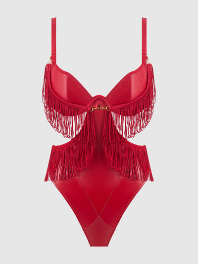 Hendrix Faux Leather & Fringe Crotchless Teddy - Frederick's of Hollywood