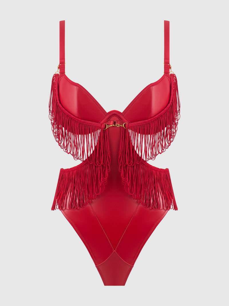Hendrix Faux Leather & Fringe Crotchless Teddy - Frederick's of Hollywood