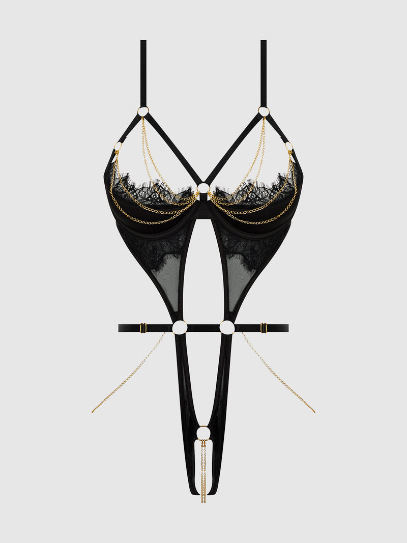 Maeve Chain & Lace Open Cup & Crotchless Harness Teddy - Frederick's of Hollywood