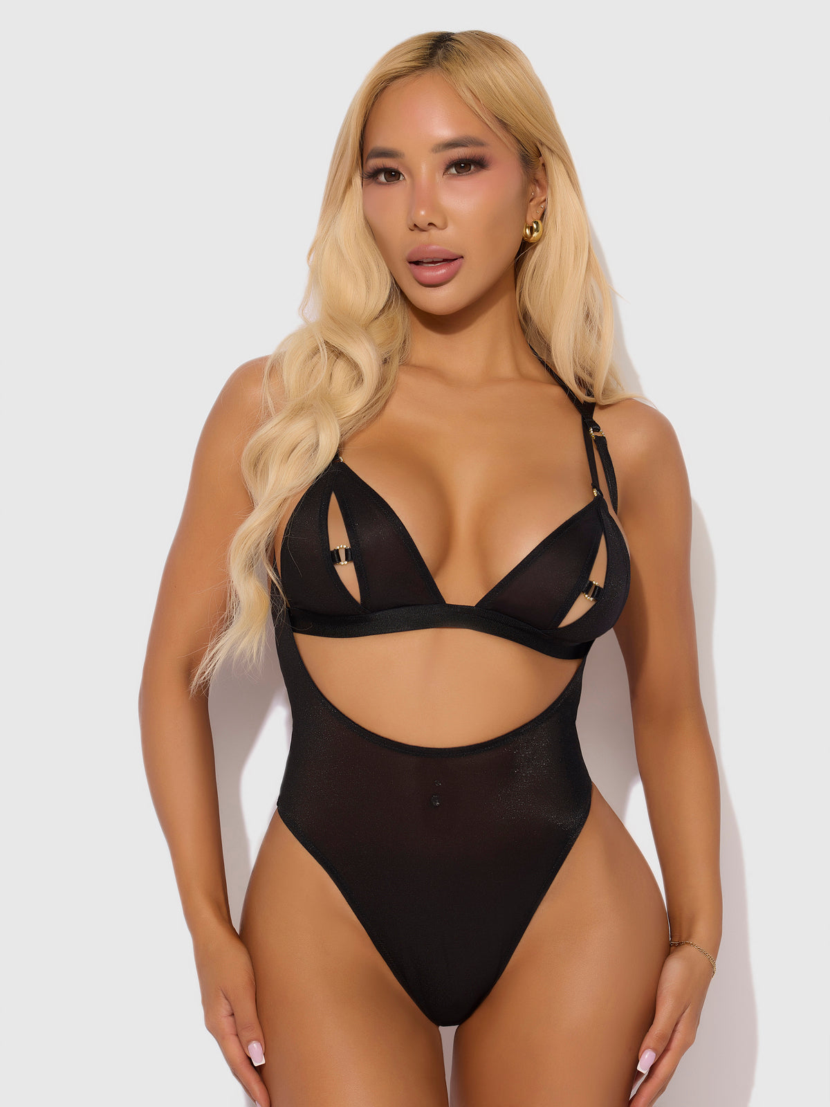 Pia Shine Mesh Open Cup, Backless Teddy & Bralette Set - Frederick's of Hollywood
