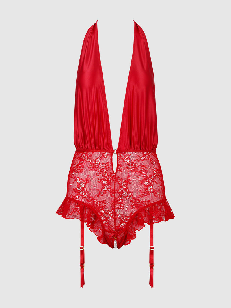 Marilyn Monroe Lace & Satin Crotchless Pearl Teddy by Frederick’s of Hollywood, featuring a red deep V-neck satin top, lace bottom, ruffle trim, and adjustable garter straps. Displayed on a plain light gray background.