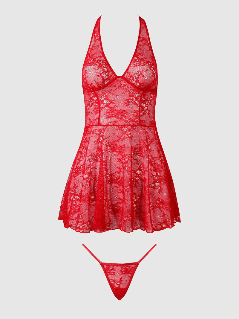 The Marilyn Monroe Lace Halter Babydoll Set by Frederick’s of Hollywood features a red lace halter-neck babydoll dress with a matching thong, showcased against a plain white background.