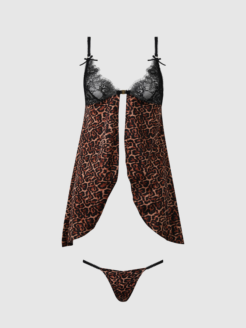 The Raven Leopard And Lace Babydoll Set by Frederick’s of Hollywood features a black lace and leopard print babydoll top with a coordinating leopard print thong, both displayed against a plain white background.