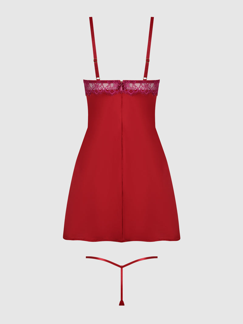 The Rosalind Babydoll Set by Frederick's of Hollywood features a red satin chemise with delicate lace detailing at the top, adjustable shoulder straps, and a matching g-string, displayed on a plain white background. This alluring lingerie set blends elegant lace and satin for a seductive yet sophisticated look.