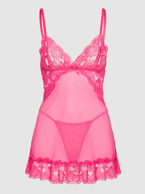The Alisha Lace & Mesh Babydoll & G-String Set by Frederick's of Hollywood features bright pink lace and mesh, thin straps, a chest bow, sheer fabric, lace-trimmed hem, and a matching thong for a flirty silhouette.