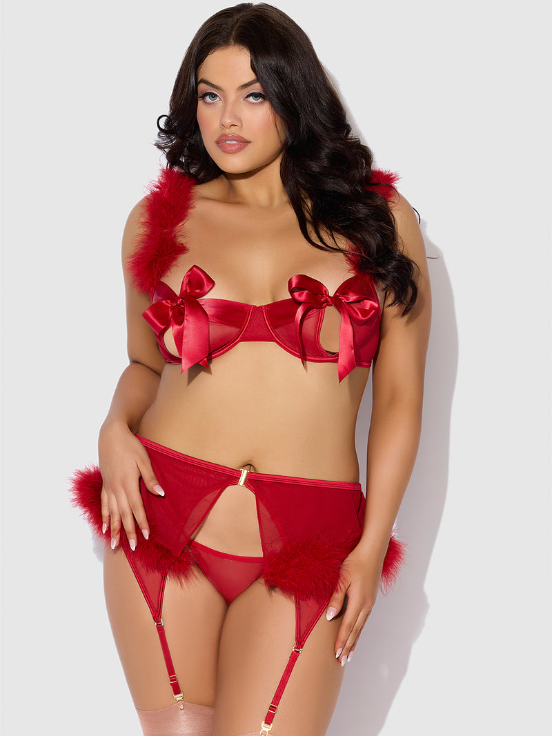 Scarlett Open Cup Marabou Bra, Garter & G-String Set - Frederick's of Hollywood