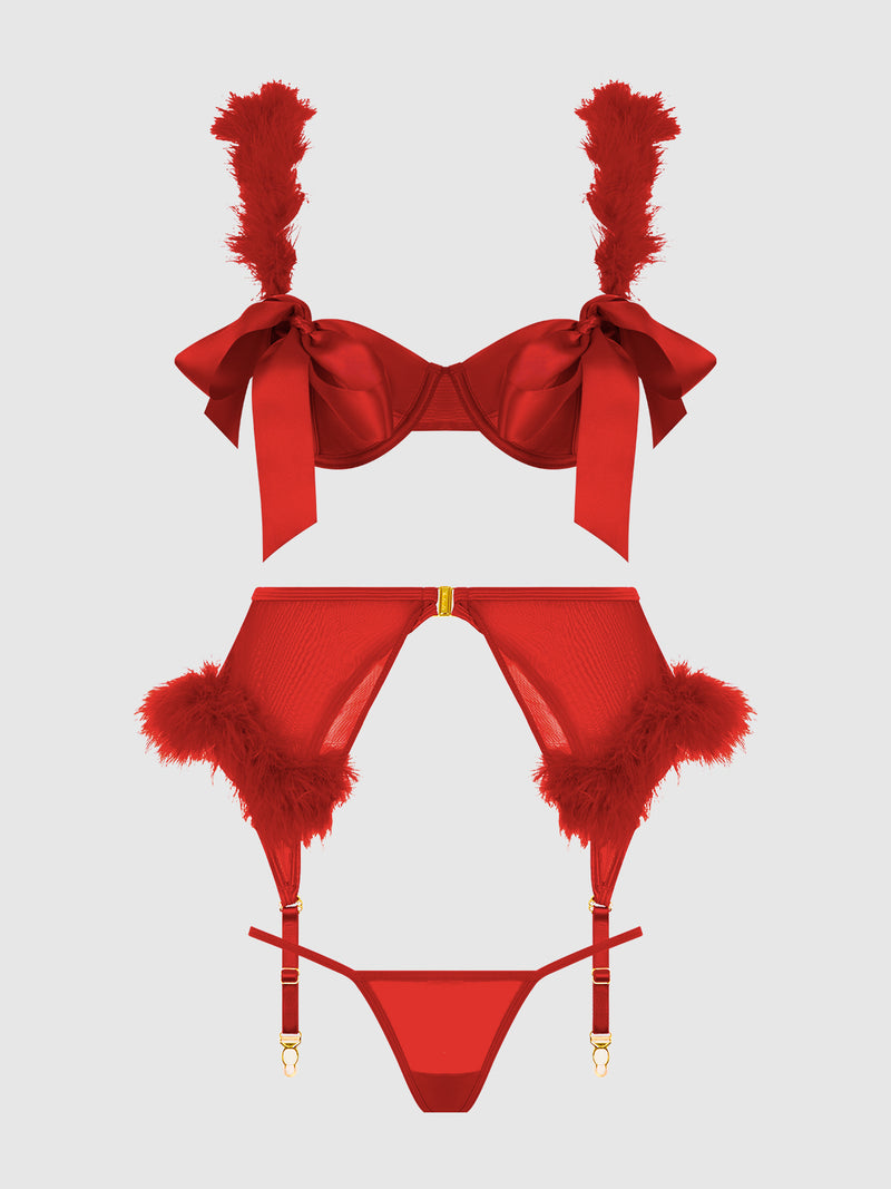 Scarlett Open Cup Marabou Bra, Garter & G-String Set - Frederick's of Hollywood