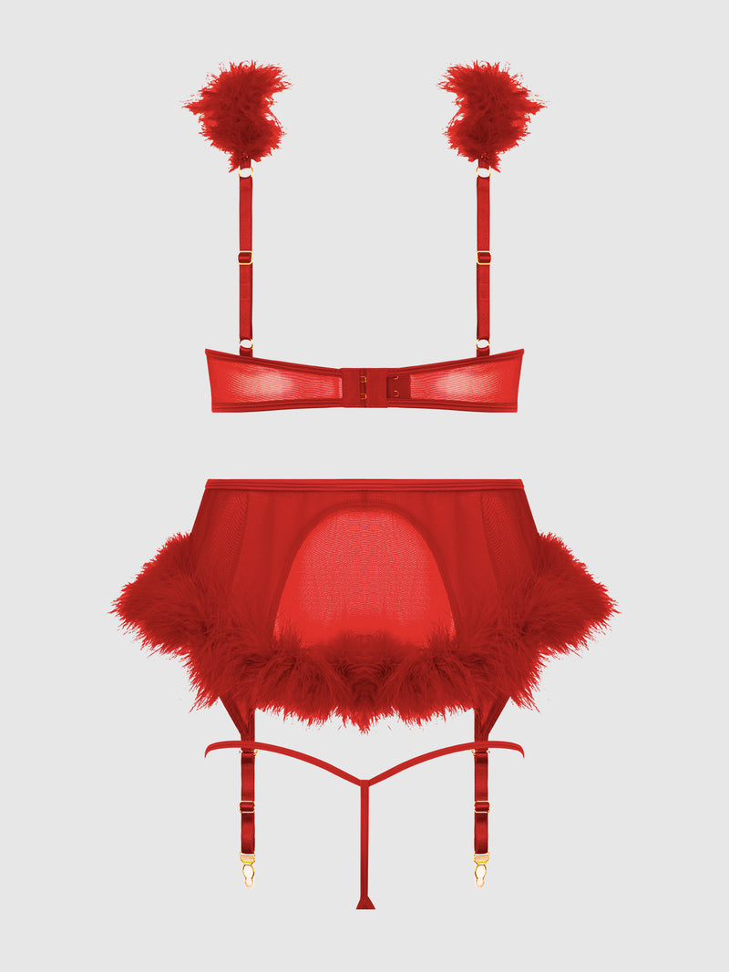 Scarlett Open Cup Marabou Bra, Garter & G-String Set - Frederick's of Hollywood