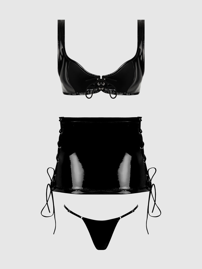 Phoenix Patent Grommet Bralette, Mini Skirt & G-String - Frederick's of Hollywood