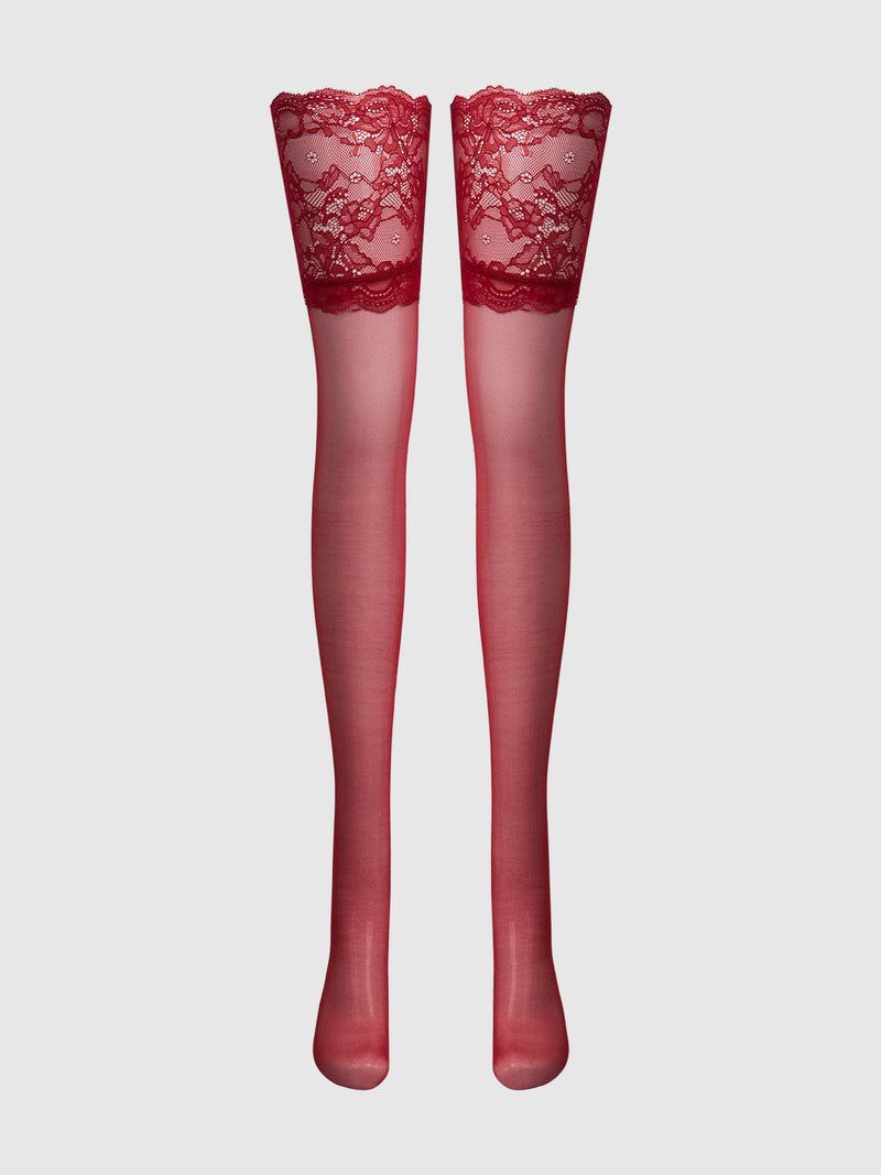 Thigh High Sheer Stayups With Tall Lace Band - Crimson Red