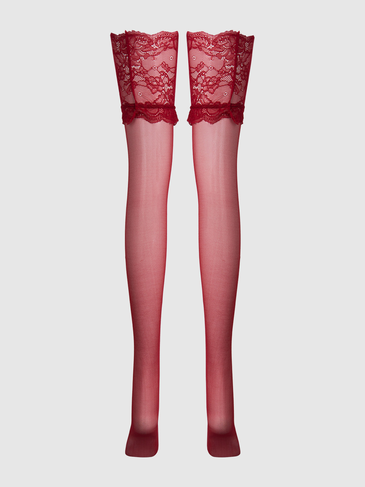 Thigh High Sheer Stayups With Tall Lace Band - Crimson Red