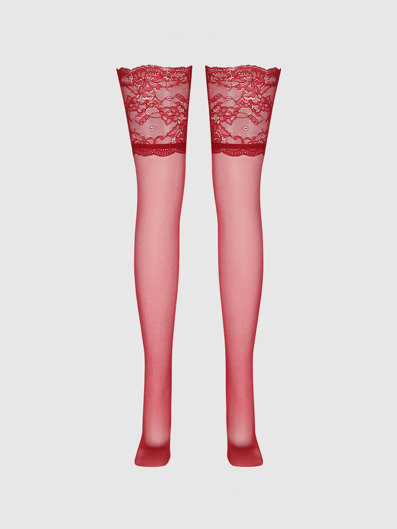Frederick's of Hollywood Thigh High Sheer Stayups With Tall Lace Band in red, shown side by side on a white background.