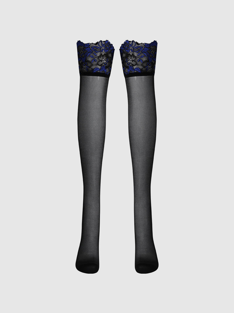 Glossy Cross Dye Lace Top Sheer Stay Up Thigh Highs, a pair of sheer black thigh-high stockings featuring blue and black lace tops.