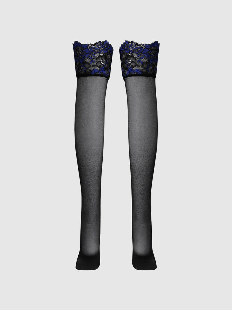 Frederick’s of Hollywood Glossy Cross Dye Lace Top Sheer Stay Up Thigh Highs in black sheer lace with blue and black lace tops.