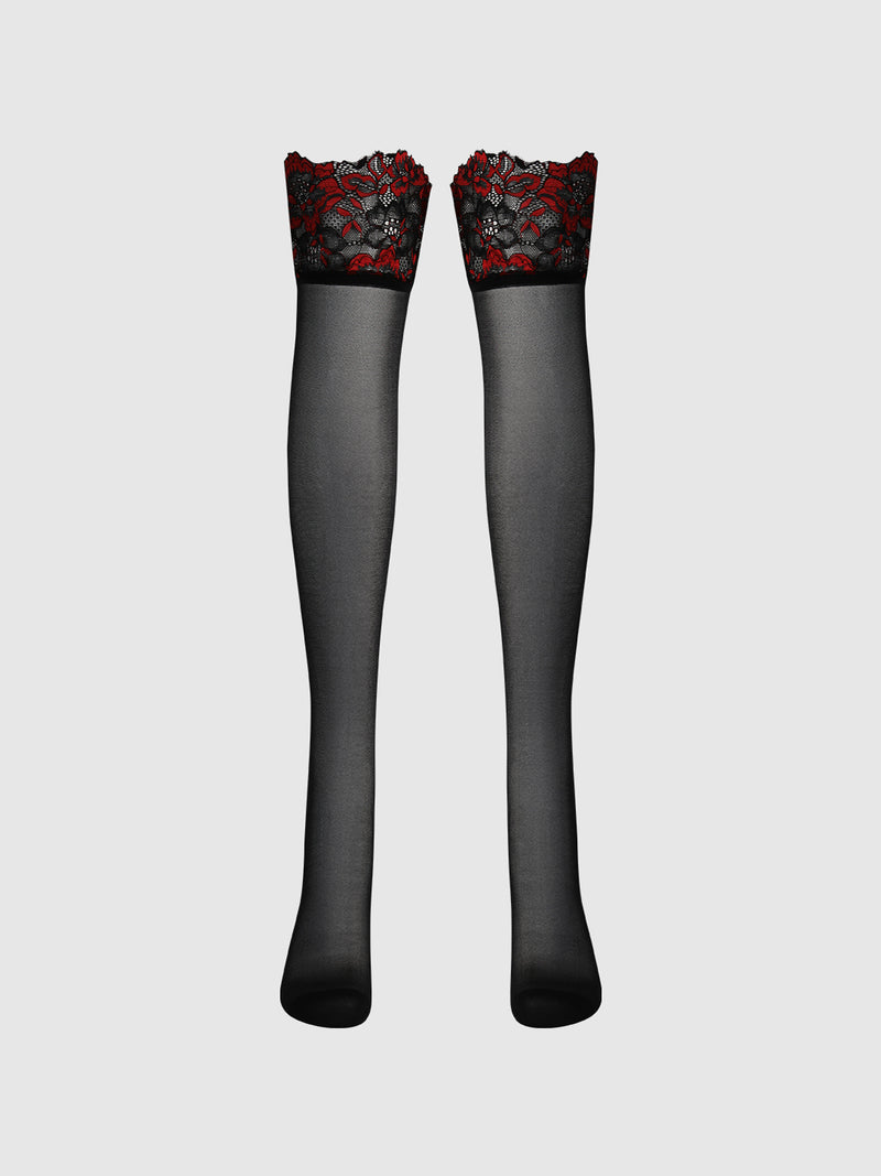 Frederick's of Hollywood Glossy Cross Dye Lace Top Sheer Stay Up Thigh Highs, shown in black with red and black lace tops, are displayed against a plain light gray background.