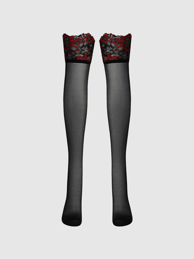 Glossy Cross Dye Lace Top Sheer Stay Up Thigh Highs by Frederick’s of Hollywood, featuring sheer black stockings with red and black floral lace trim at the top.