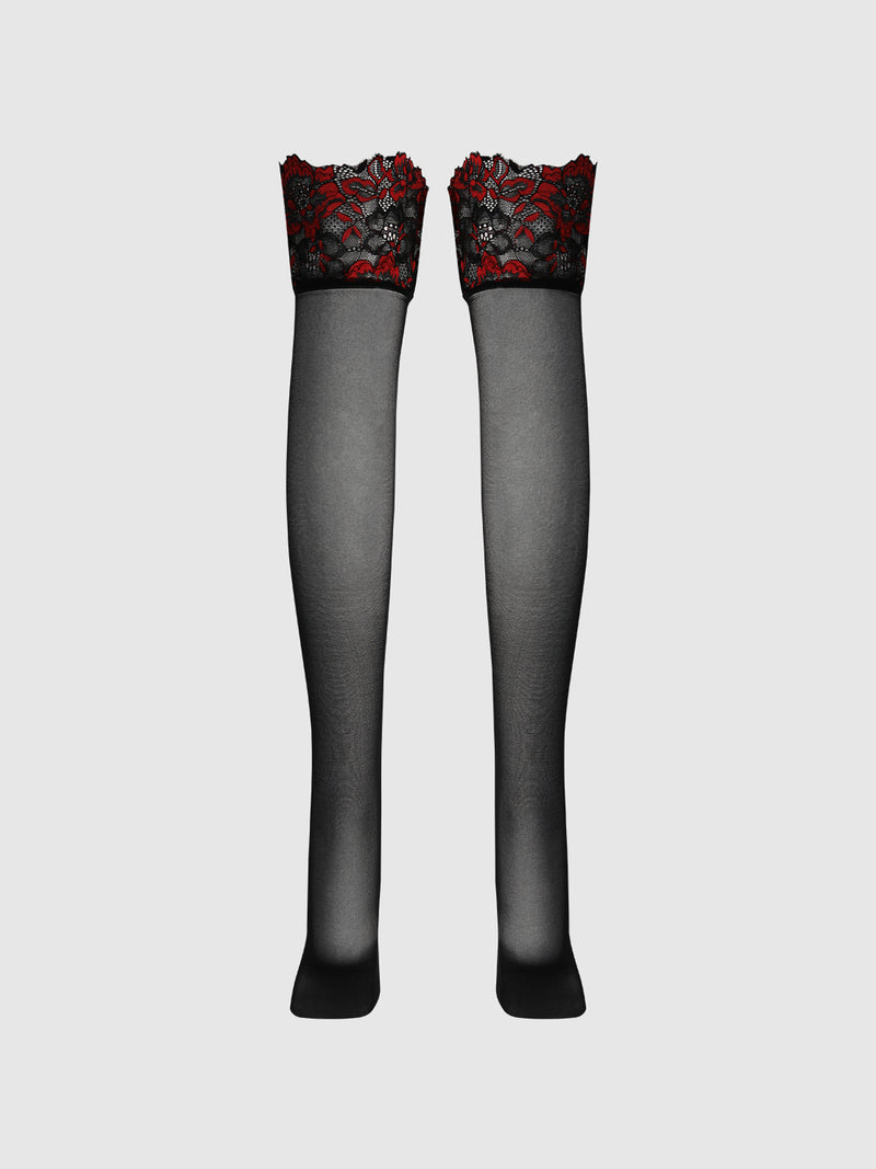 Glossy Cross Dye Lace Top Sheer Stay Up Thigh Highs by Frederick's of Hollywood, featuring black lace tops with a red floral pattern, are shown against a plain light gray background.