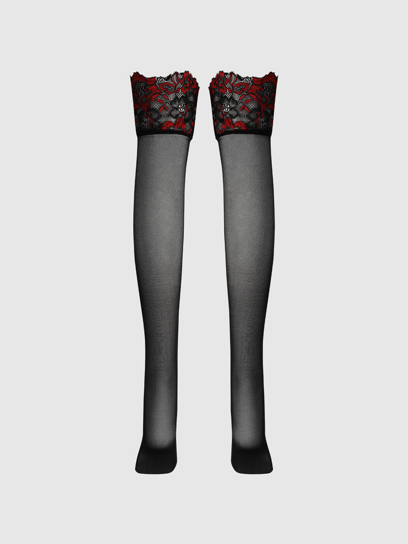 Glossy Cross Dye Lace Top Sheer Stay Up Thigh Highs in sheer black with red and black floral lace tops.
