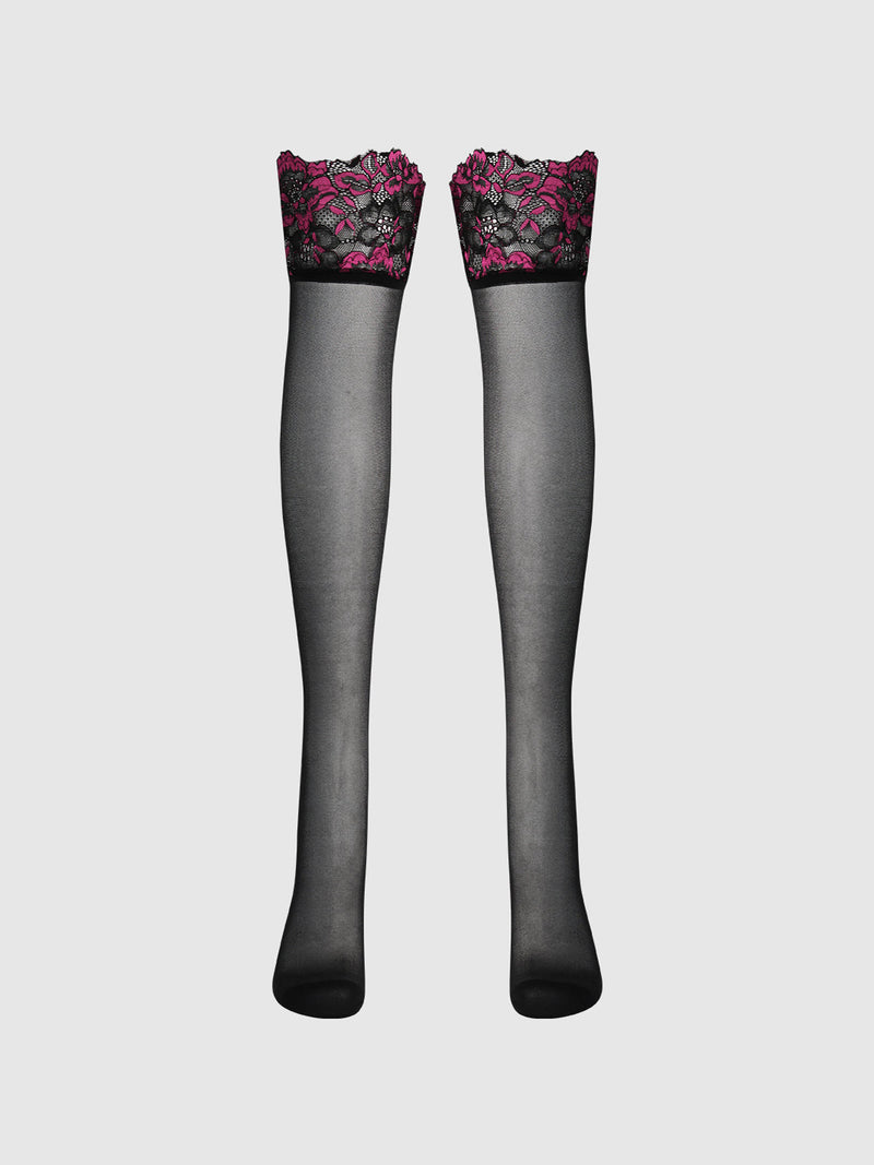 Glossy Cross Dye Lace Top Sheer Stay Up Thigh Highs in sheer black with magenta and black lace tops.