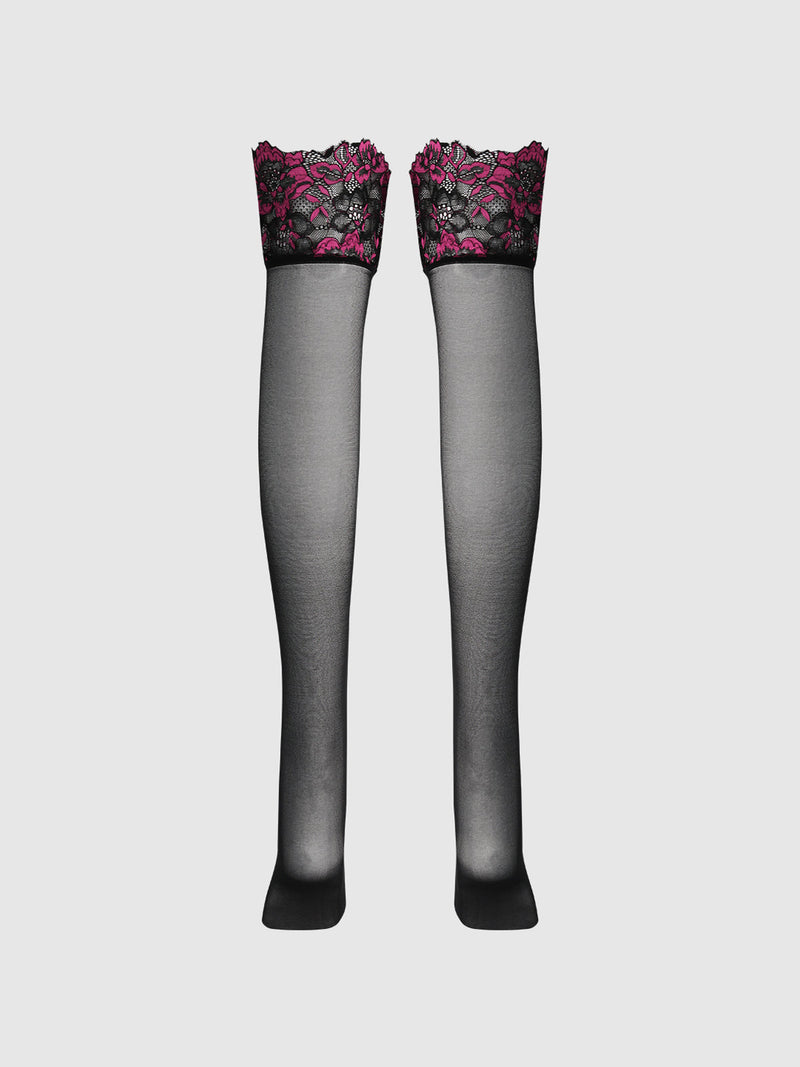 Glossy Cross Dye Lace Top Sheer Stay Up Thigh Highs in sheer black with magenta and black lace tops.