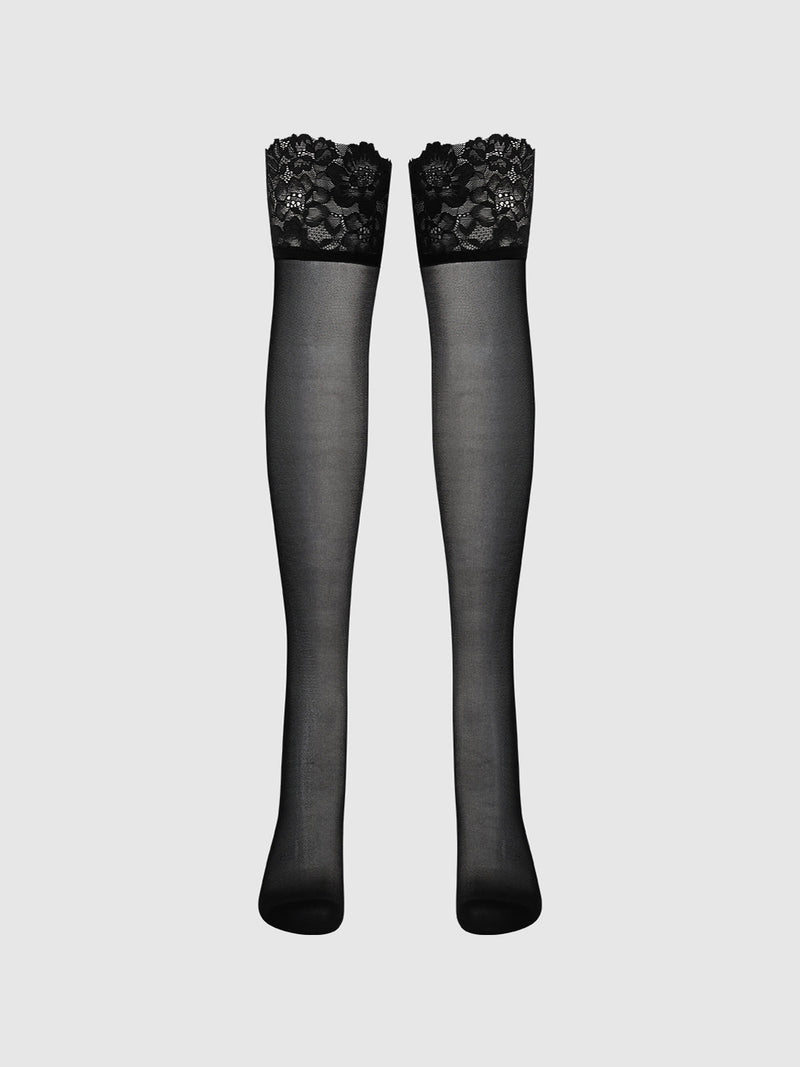 Black, sheer Glossy Cross Dye Lace Top Sheer Stay Up Thigh Highs with lace tops.