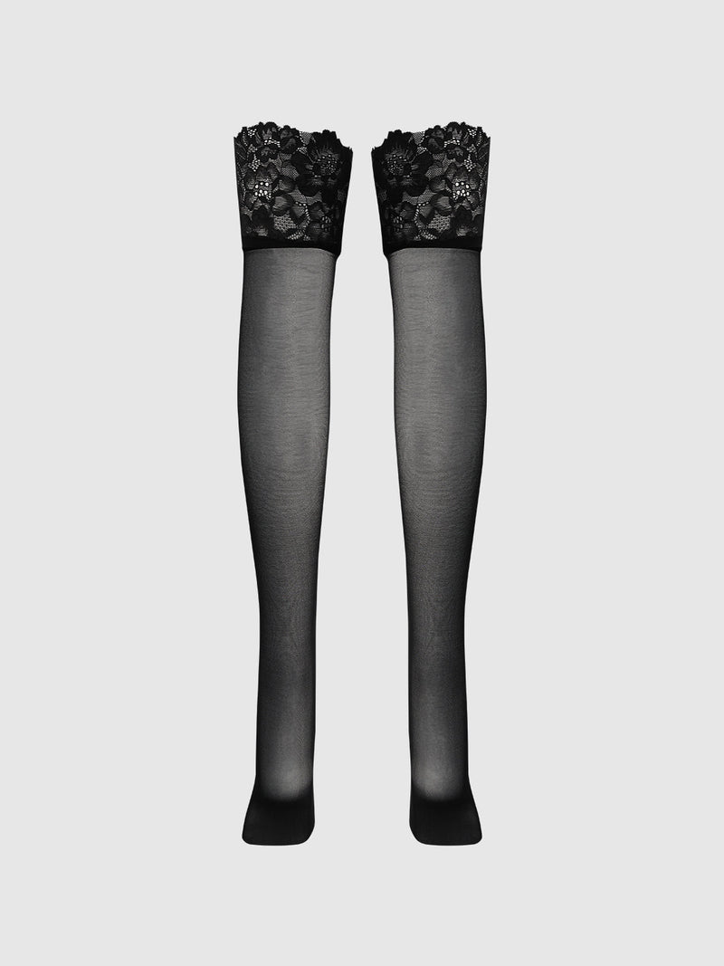 Glossy Cross Dye Lace Top Sheer Stay Up Thigh Highs in sheer black lace with black lace trim at the tops.