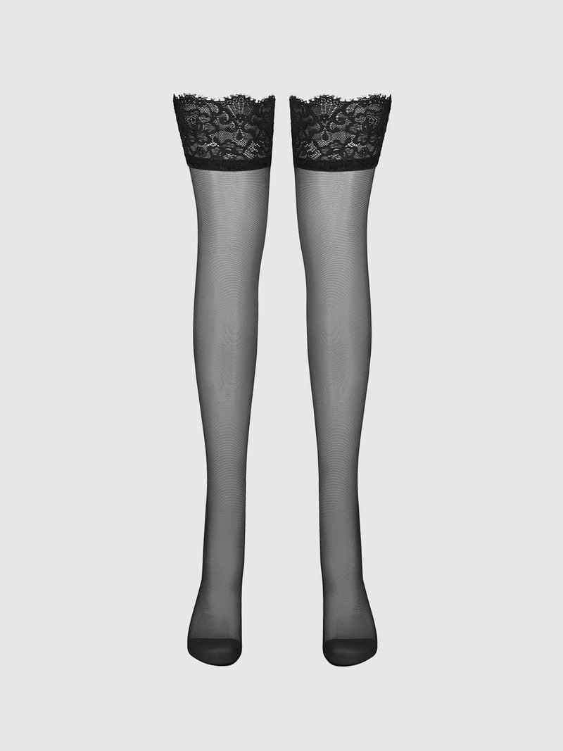 Black Glossy Sheer Tall Lace Top Thigh Highs featuring sheer material with wide floral lace bands.