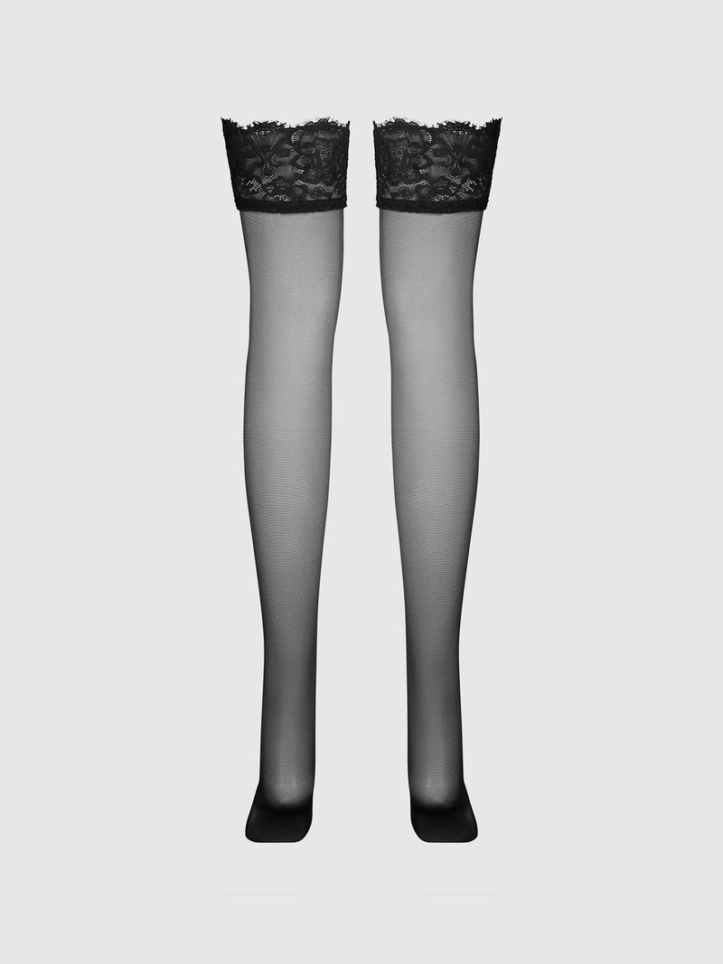 Glossy Sheer Tall Lace Top Thigh Highs: sheer black thigh-high stockings with wide floral lace bands.