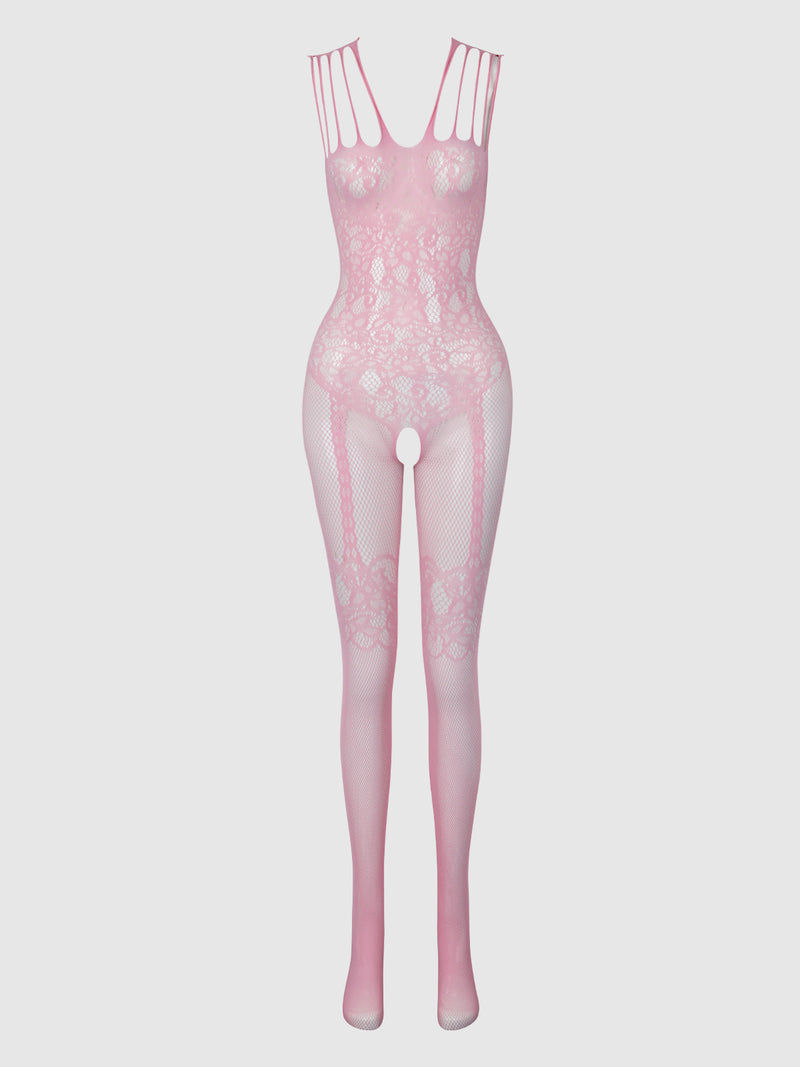 The Frederick’s of Hollywood Crotchless Bodystocking With Illusion Garters is a sheer pink lace bodysuit featuring multiple thin shoulder straps, floral patterns, and open areas at the crotch and feet, displayed on a white background.