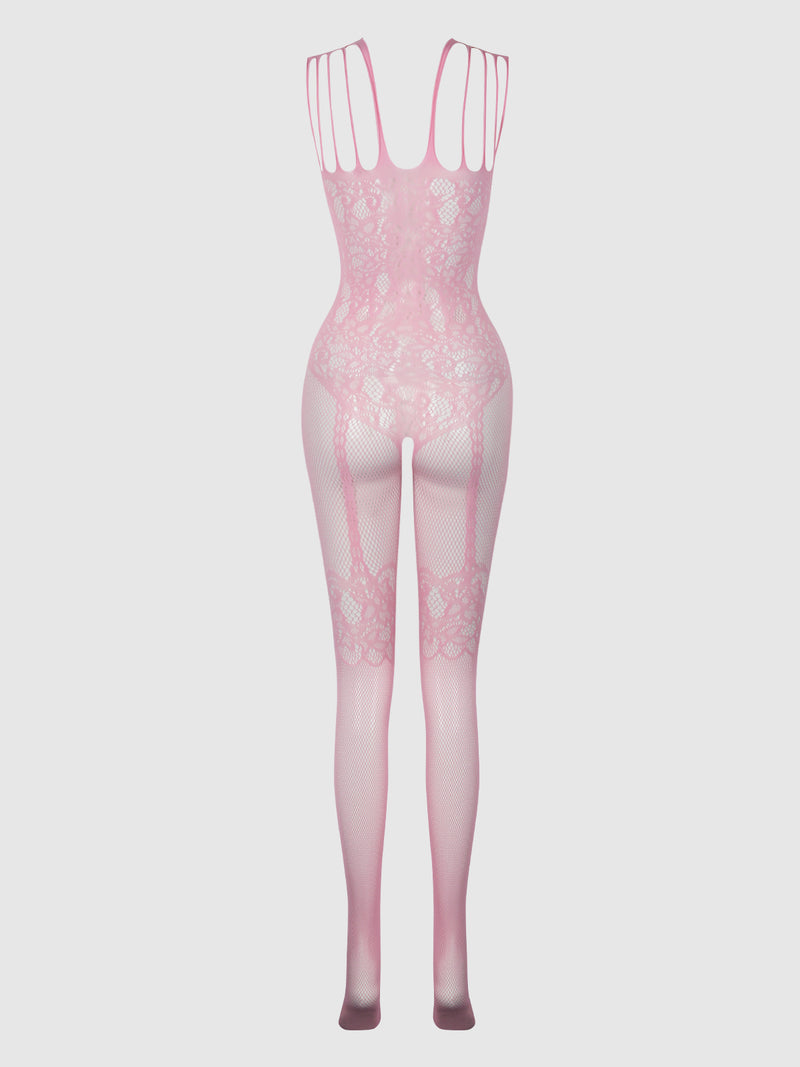 A Frederick’s of Hollywood Crotchless Bodystocking With Illusion Garters, featuring a pink lace-patterned, sheer design with spaghetti straps, is displayed on a mannequin from the back against a plain white background.