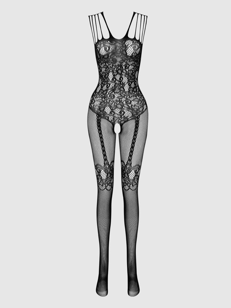 Frederick’s of Hollywood Crotchless Bodystocking With Illusion Garters features black lace with floral patterns, multiple shoulder straps, an open crotch, thigh-high illusion garters, and fishnet legs, displayed on a white background.