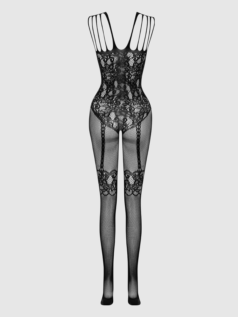 Frederick’s of Hollywood Crotchless Bodystocking With Illusion Garters, featuring multiple shoulder straps, a floral lace pattern, fishnet legs, and see-through detailing, displayed on a mannequin against a plain background.