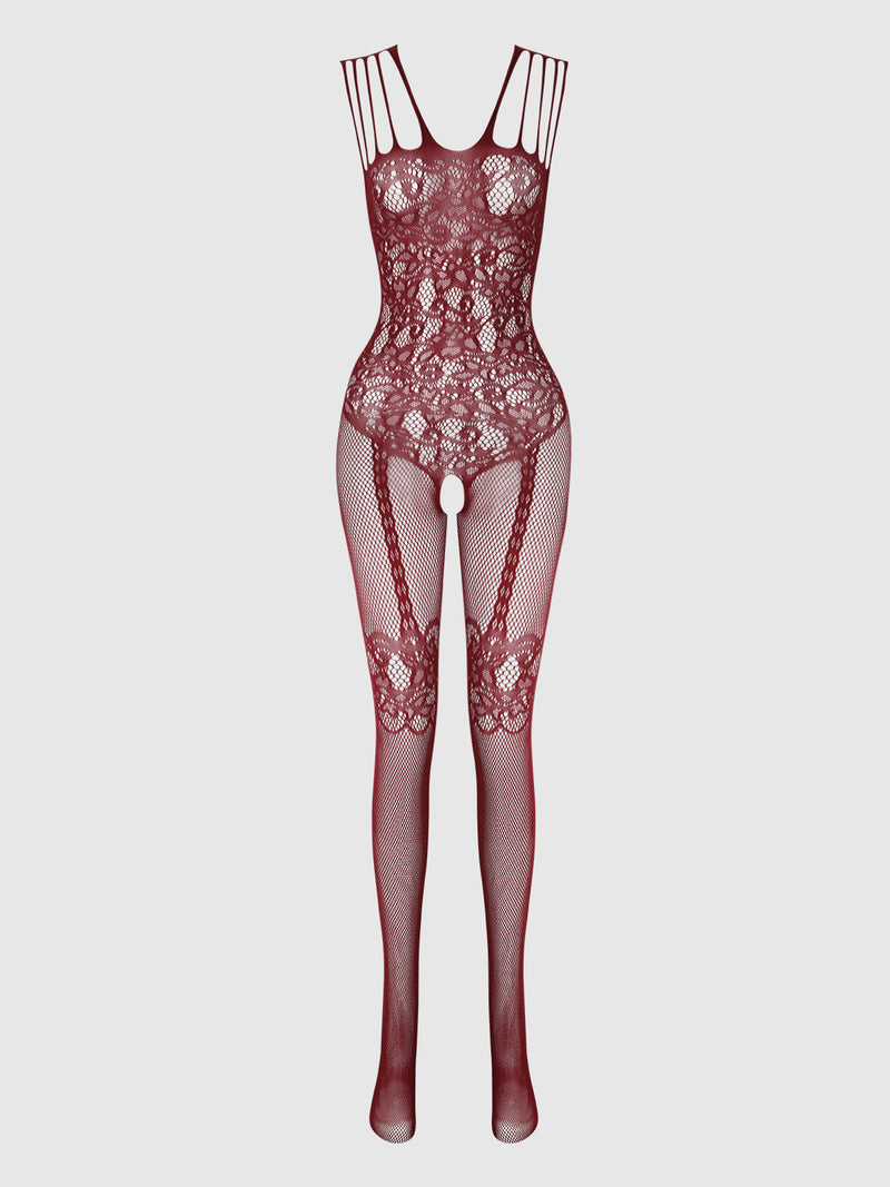 The Frederick’s of Hollywood Crotchless Bodystocking With Illusion Garters features red lace fishnet with floral patterns, cutout sides, spaghetti straps, attached illusion garters, and an open crotch, showcased against a plain white background.