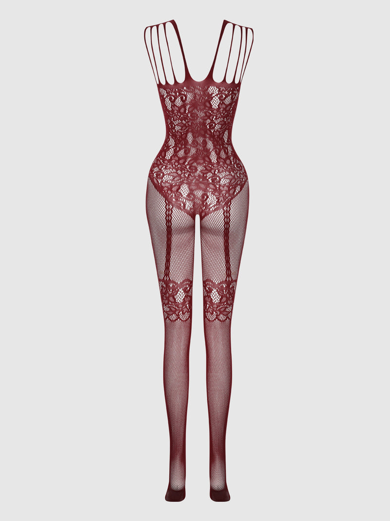 The Frederick’s of Hollywood Crotchless Bodystocking With Illusion Garters features a burgundy lace design with floral patterns, fishnet legs, strappy shoulders, and a thigh-high silhouette, shown against a plain white background.
