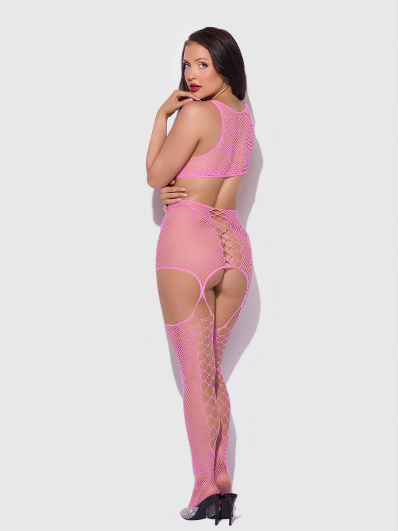 A person wearing a bright pink Criss-Cross Racerneck Fishnet Bodystocking by Frederick’s of Hollywood, featuring a lace-up detail at the lower back and attached garter straps.