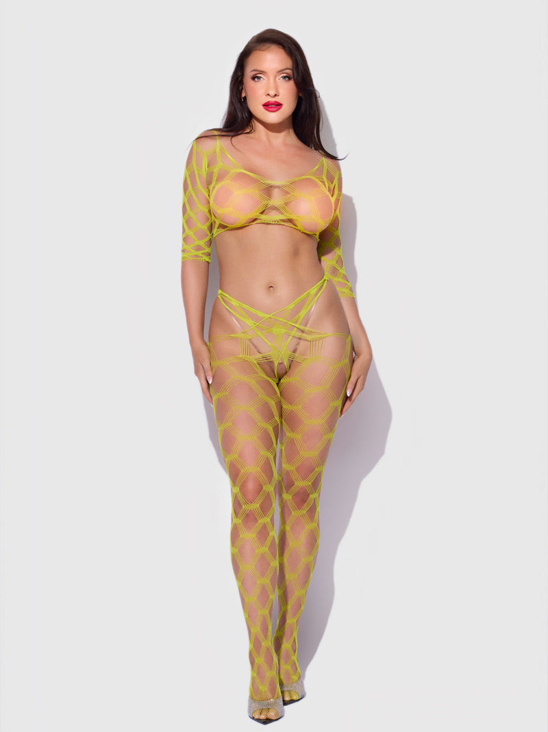 A woman wears a neon yellow long-sleeved Open Net Bodystocking Set featuring an open-net, crisscross cutout design.