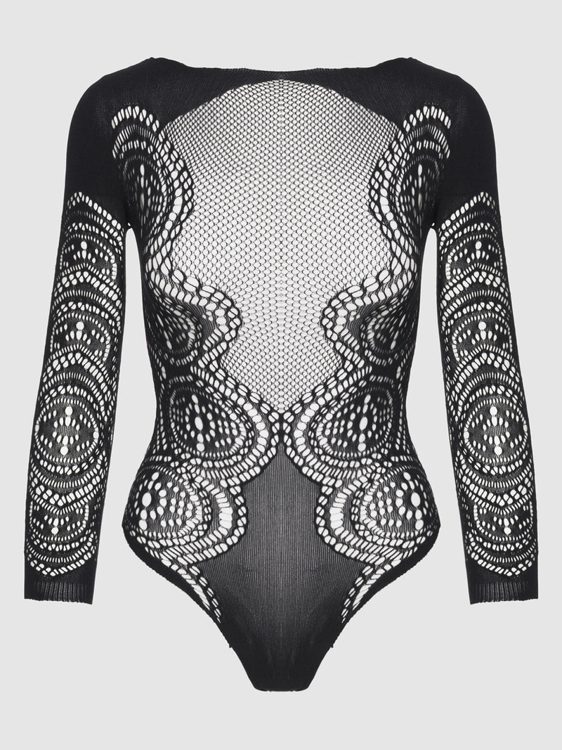 Floral Long Sleeve Bodystocking Teddy - Frederick's of Hollywood