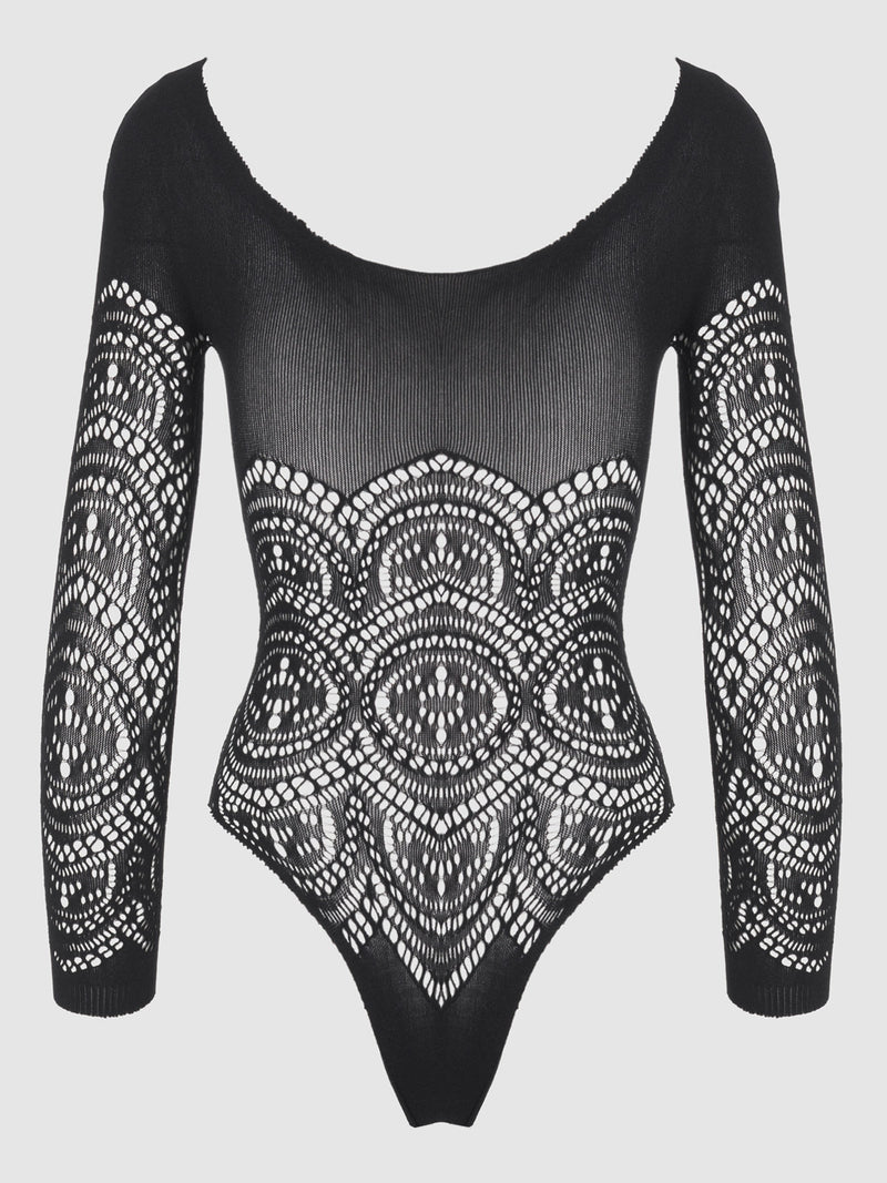 Floral Long Sleeve Bodystocking Teddy - Frederick's of Hollywood