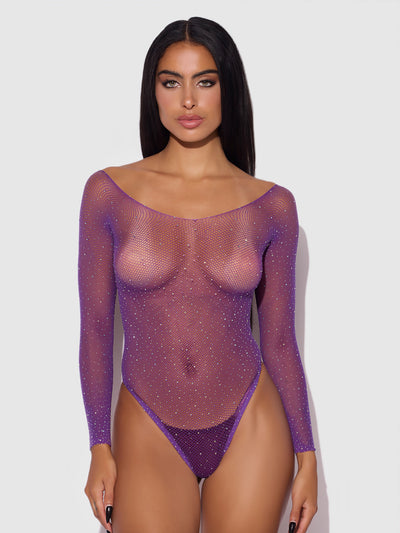 Fine Fishnet & Rhinestone Long Sleeve Teddy Bodystocking - Frederick's of Hollywood