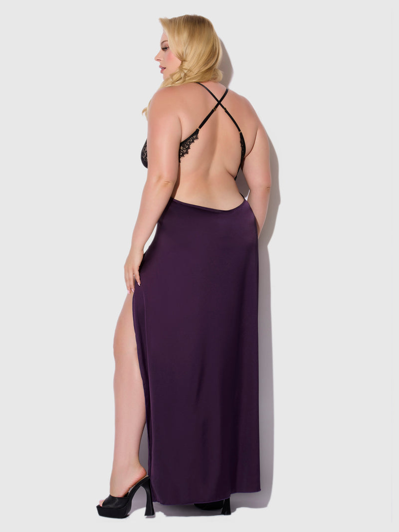 Rosalind Satin & Lace Long High Slit Gown - Frederick's of Hollywood