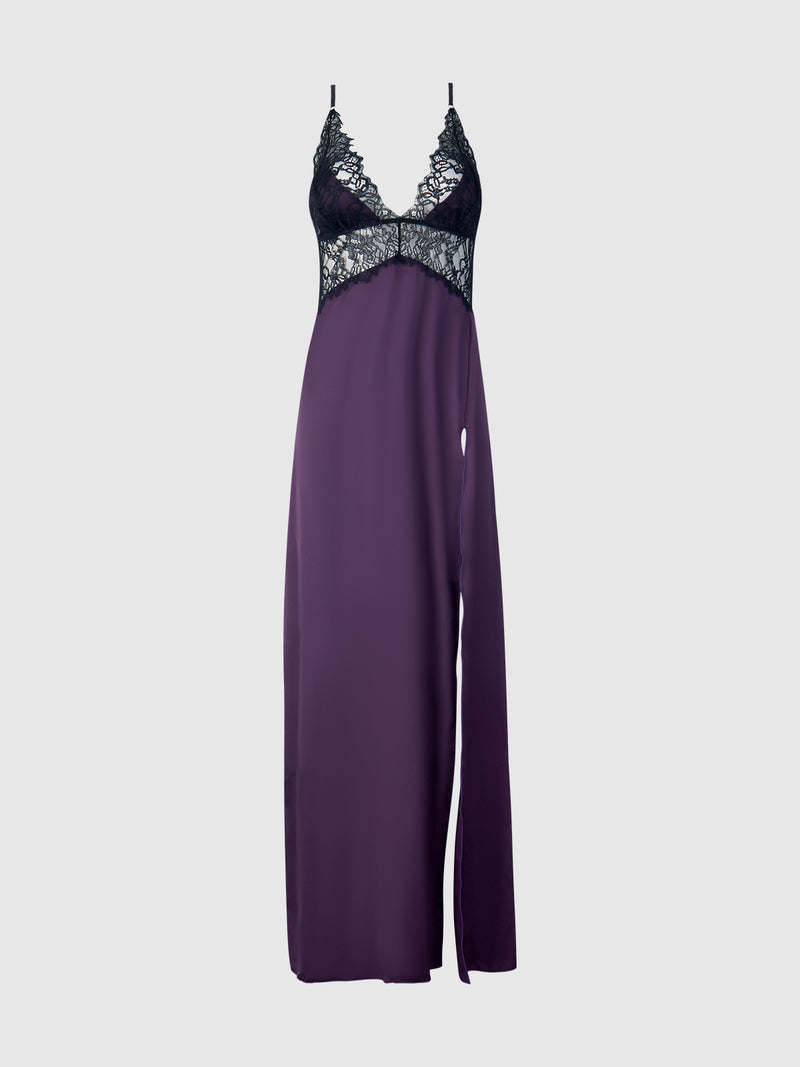 Rosalind Satin & Lace Long High Slit Gown - Frederick's of Hollywood