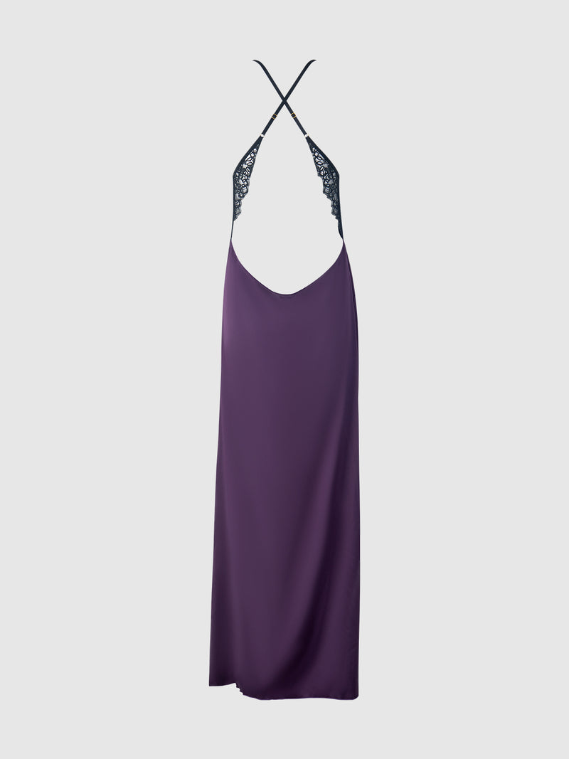 Rosalind Satin & Lace Long High Slit Gown - Frederick's of Hollywood