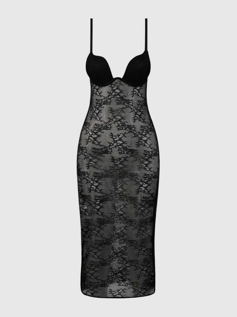The Frederick's of Hollywood Rising Star Plunge Pia Lace Gown features a black lace bodycon fit, thin spaghetti straps, and a bustier-style top. Its semi-sheer fabric and mid-calf length create an elegant look, shown on a plain light gray background.